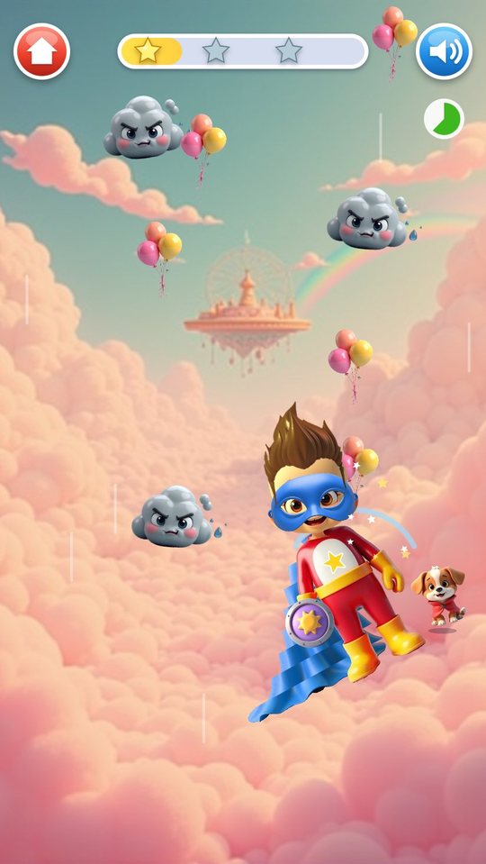 Sky Catch mini game: the hero flies through pink clouds catching balloon bunches while grumpy grey clouds drift down