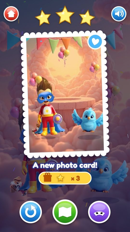 Result screen with three stars and a new photo card of the hero and the blue bird under party flags