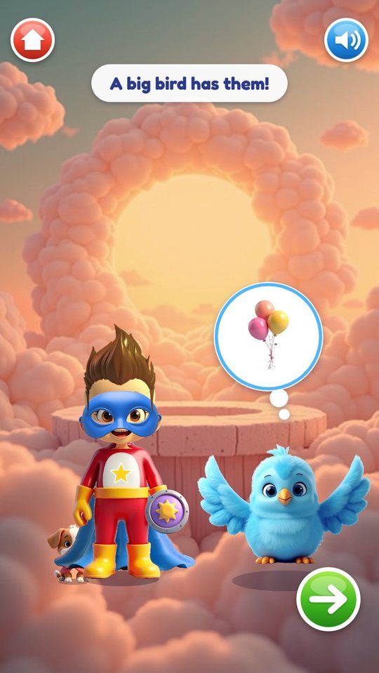 The hero meets the big blue bird in the clouds, with a thought bubble showing the lost balloons