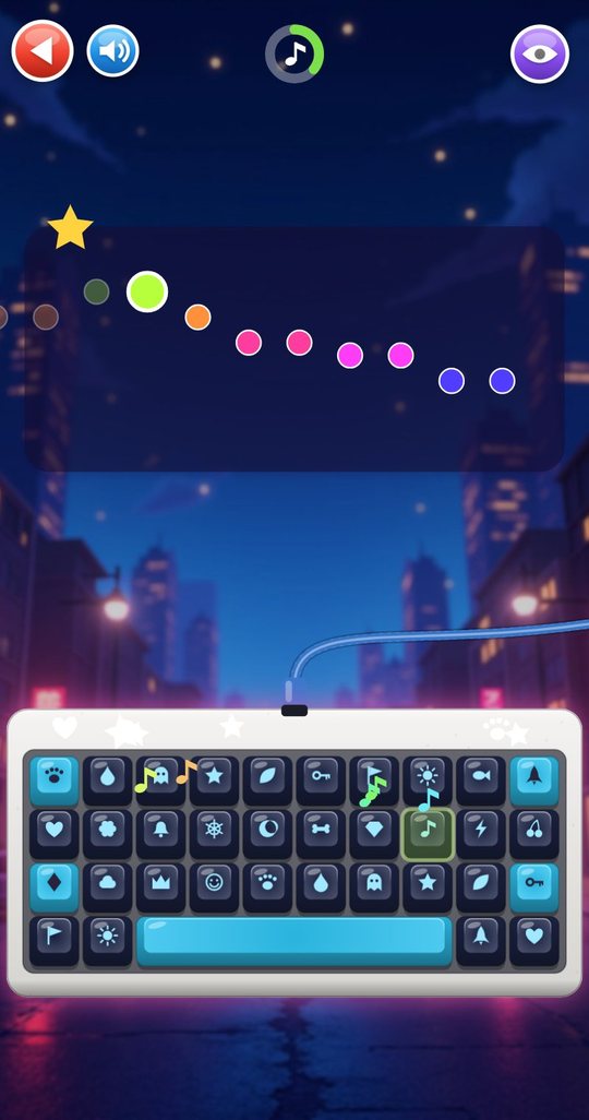 The melody game: a row of coloured note dots above a dark blue keyboard with symbol legends, one key highlighted, against a night city