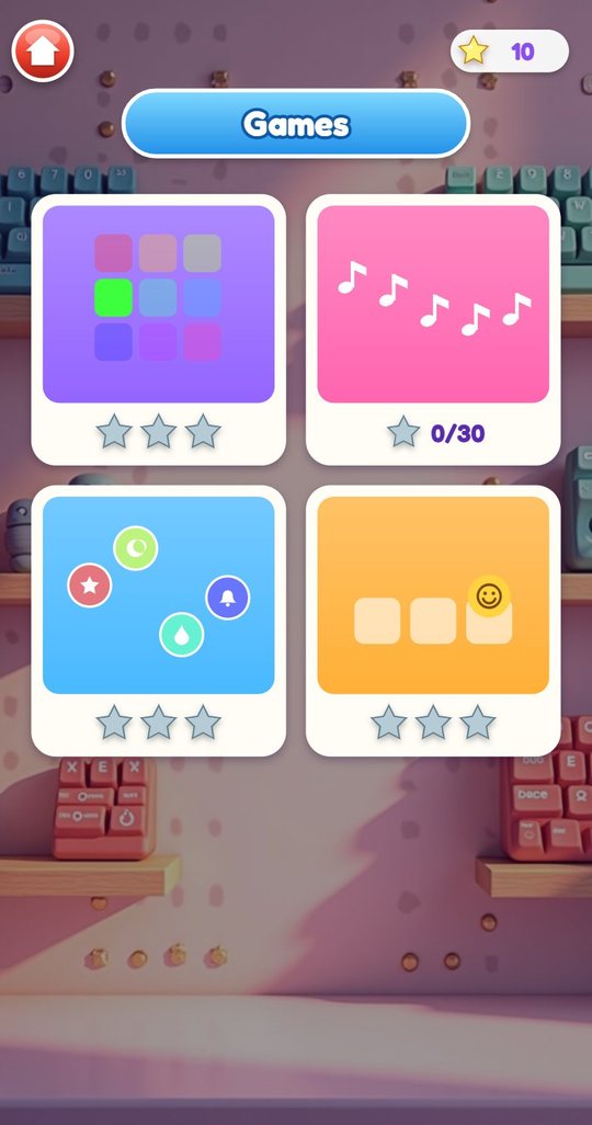 The Games menu with four cards: the pattern game, the melody game with a 0 of 30 star count, the bubble game and the smiley game