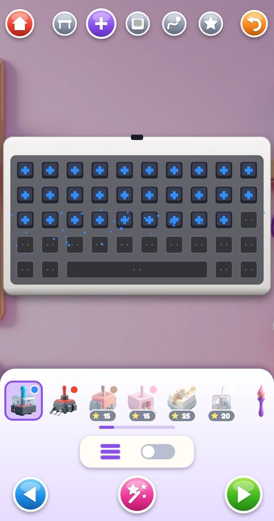 The switch step: blue Clicky switches snapped into three rows of an empty white case, with six switch types, the lube brush and the foam toggle in the tray