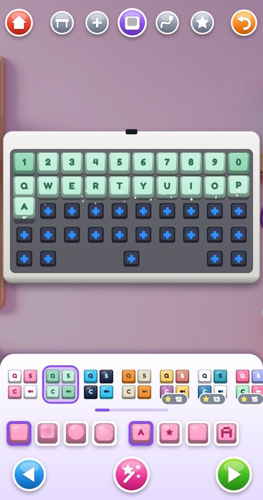 The keycap step: mint green caps cover two rows of the board, with keycap sets, four cap shapes and four legend styles in the tray