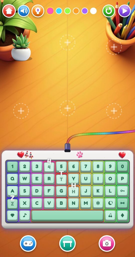 Jam mode: the mint keyboard on an orange wooden desk with a plant, letters floating up from pressed keys, and light, replay and auto-play buttons along the top