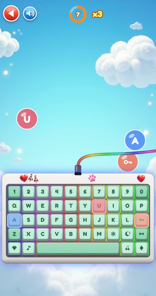 The bubble game: bubbles marked U, A and a key symbol float in a blue sky above the keyboard, with the matching keys highlighted and a times three combo