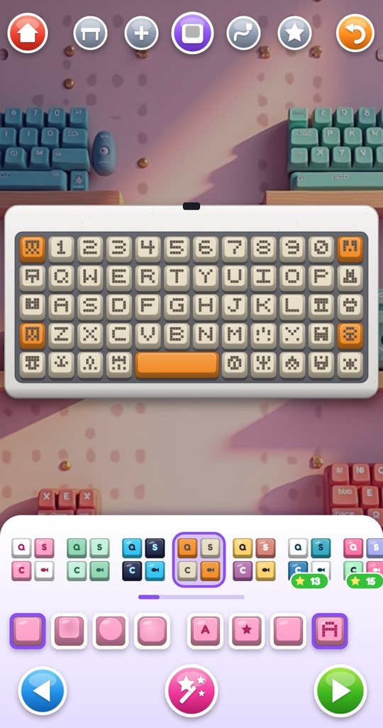 A Gamer keyboard with 58 keys in a beige and orange set with pixel legends, at the keycap step