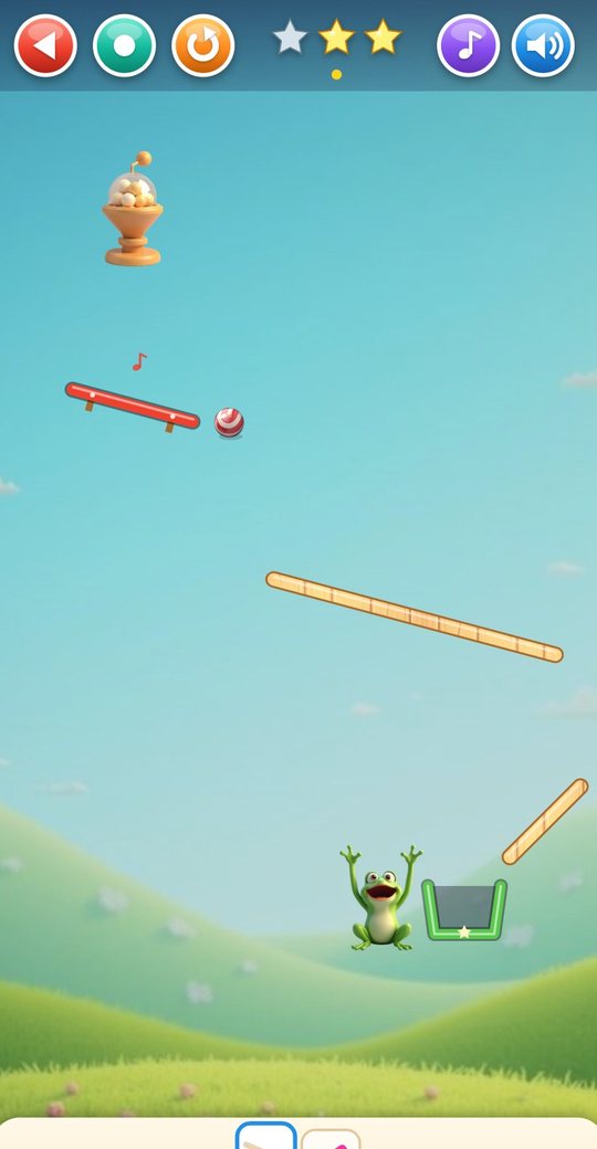 A marble bouncing off a red xylophone bar on its way to the frog's cup, with a note floating above the bar