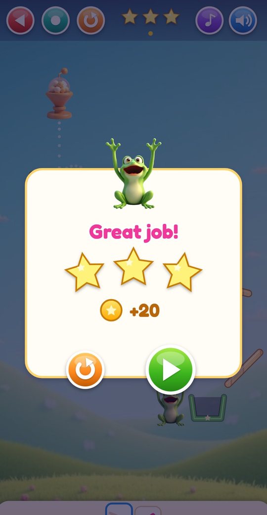 The win pop-up with the frog, three stars and 20 coins