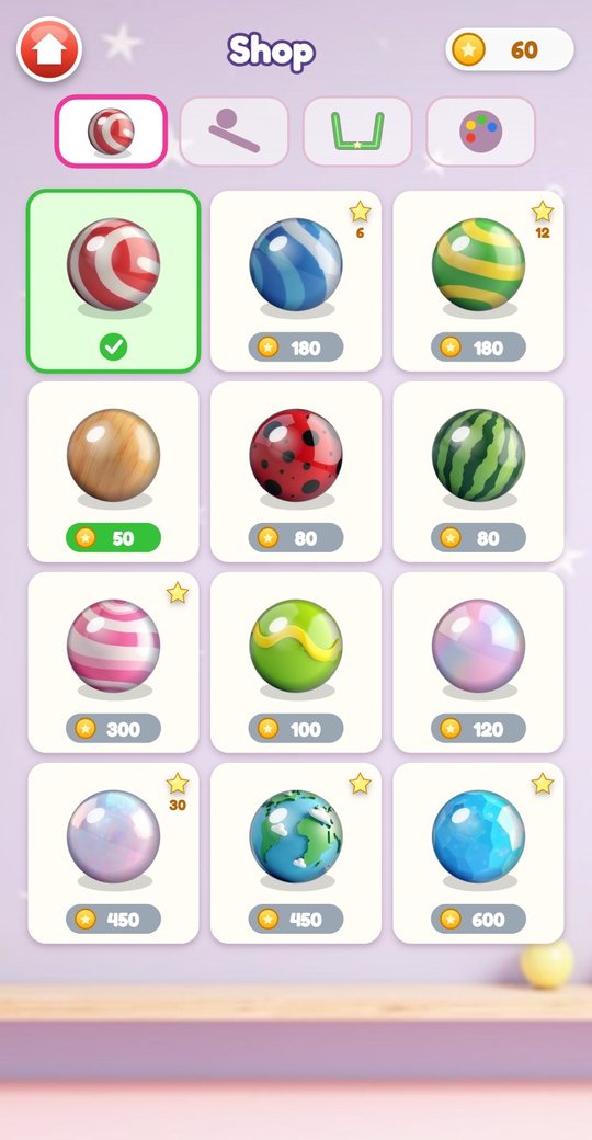 The marble tab of the shop with twelve marbles, their prices and star requirements