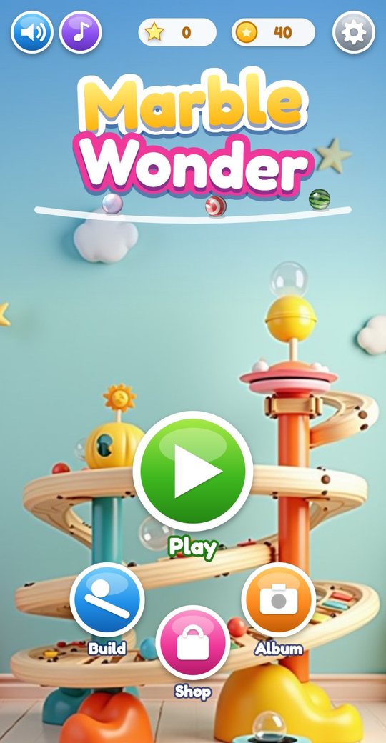 The title screen with the Play, Build, Shop and Album buttons and the daily gift chest