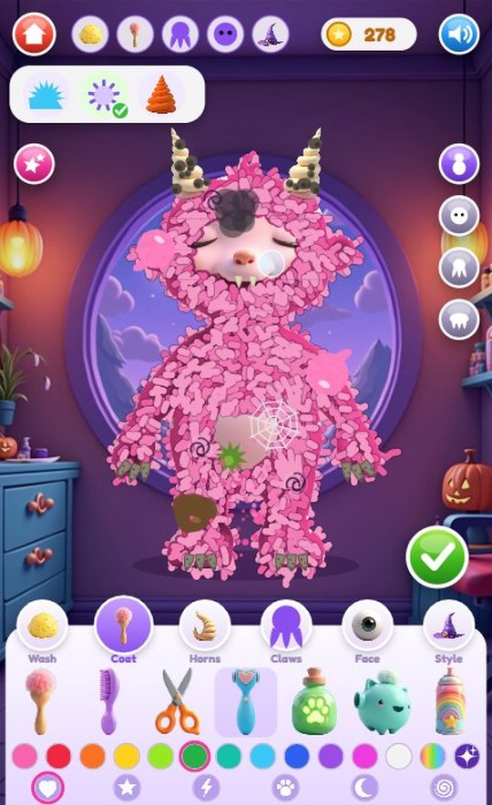 A pink furry monster with a bare patch on its tummy, the shaver selected and six shaving shapes to choose from