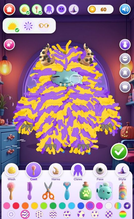 The same monster sprayed in purple and yellow tiger stripes, with the colour row and the stencil row in the Coat tray