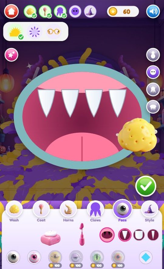 A close-up of the monster's open mouth with four white fangs being wiped by the sponge