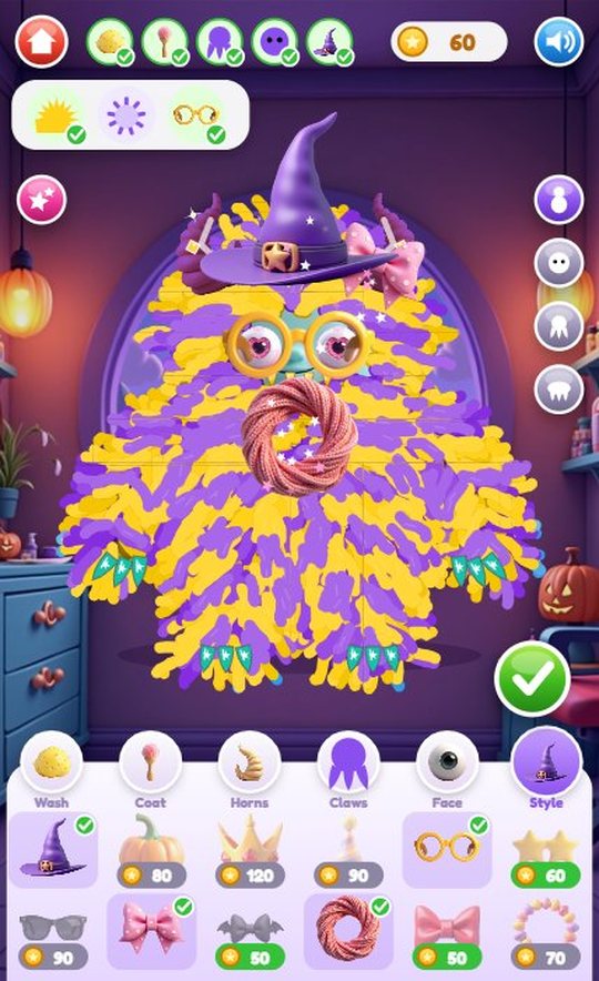 The finished monster in a witch hat, round glasses, a pink bow and a scarf, with the accessories and their coin prices in the Style tray