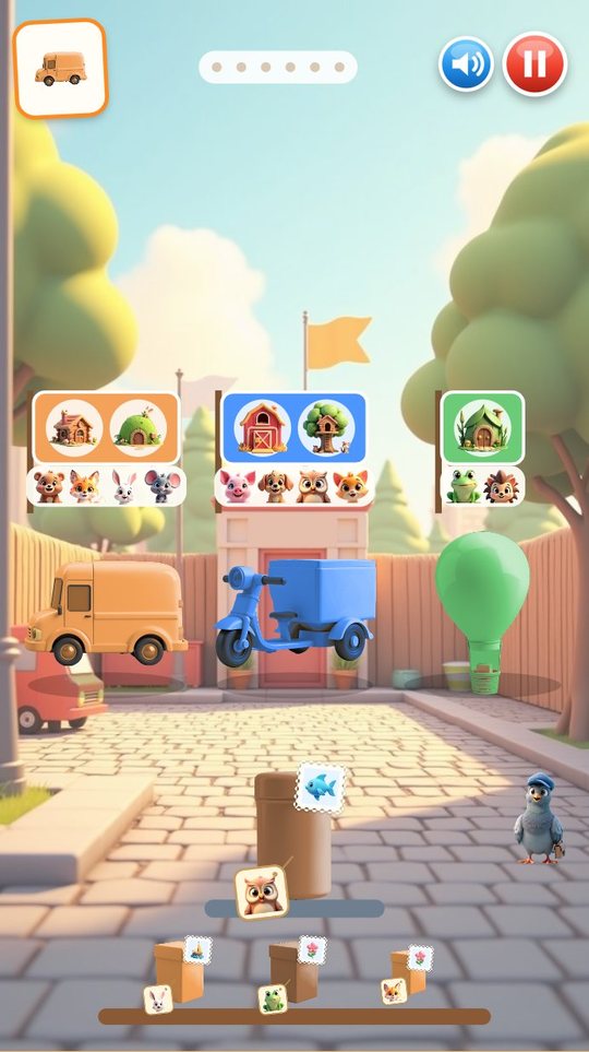 Loading dock with a van, a delivery bike and a hot-air balloon under signs that show their houses and animals
