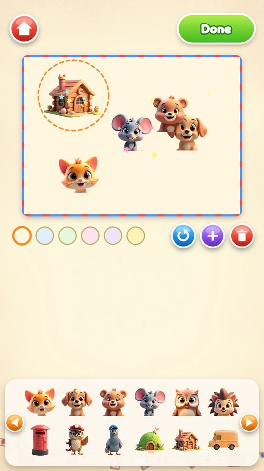 Postcard studio with a card holding a cabin, a mouse, a bear, a dog and a cat sticker, and a tray of more stickers