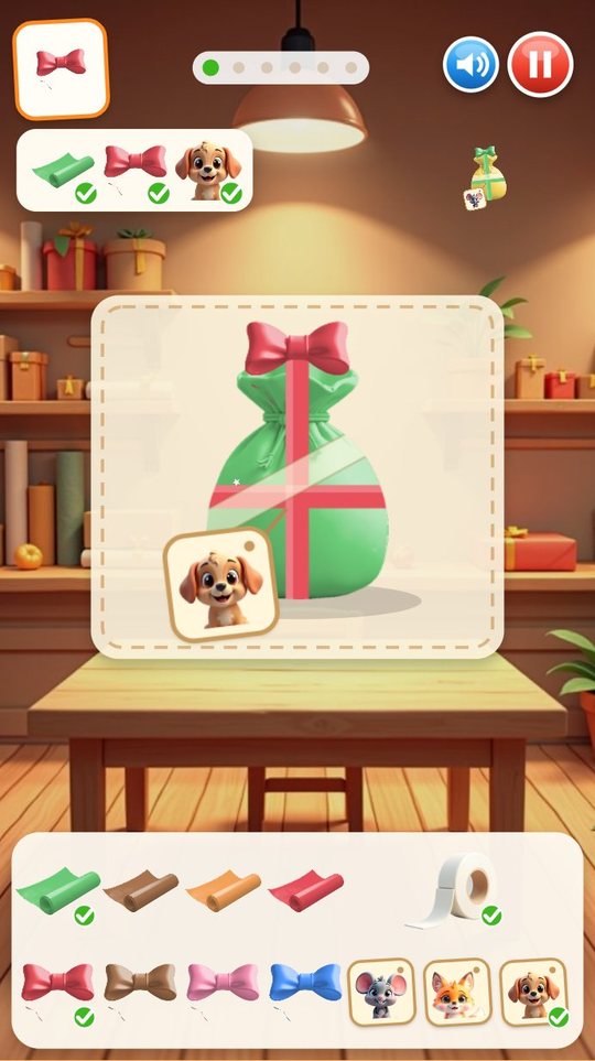 Wrap table with a green sack tied with a red bow and a puppy name tag, and trays of papers, bows, tape and tags