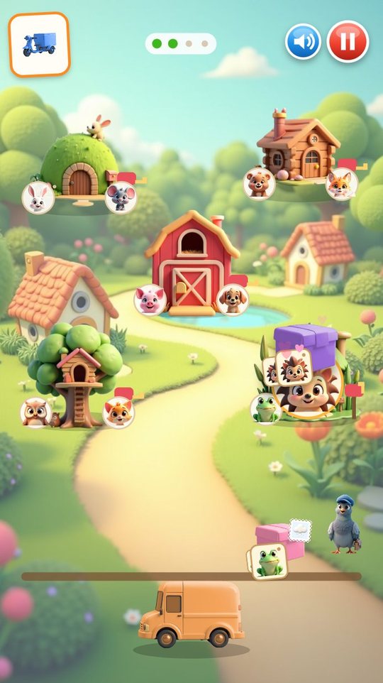 Village with five animal houses; a hedgehog has come out to take a purple parcel, and a frog parcel waits on the van