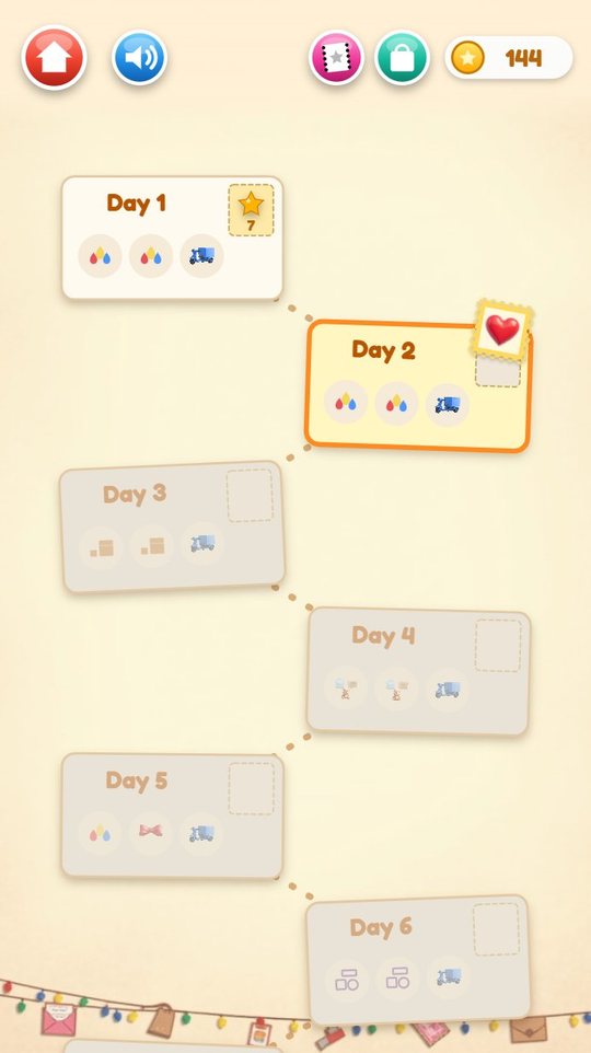Day map with postcards for days 1 to 6; day 1 has seven stars and day 2 is next