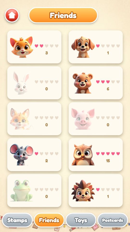 Friends page of the album with ten animals and their hearts; the owl has all five