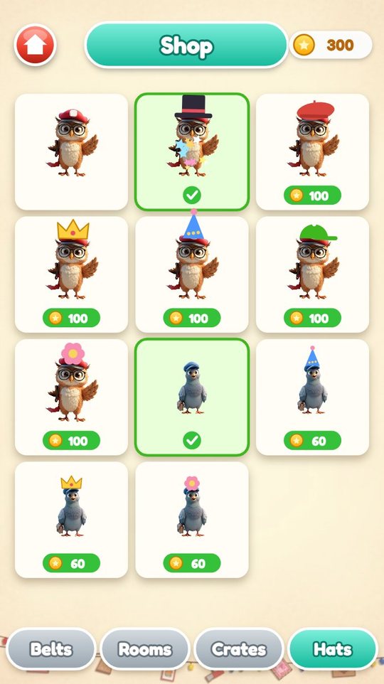 Shop, Hats tab: Hoot the owl in a top hat, a beret, a crown and other hats, and Pip the pigeon in three more