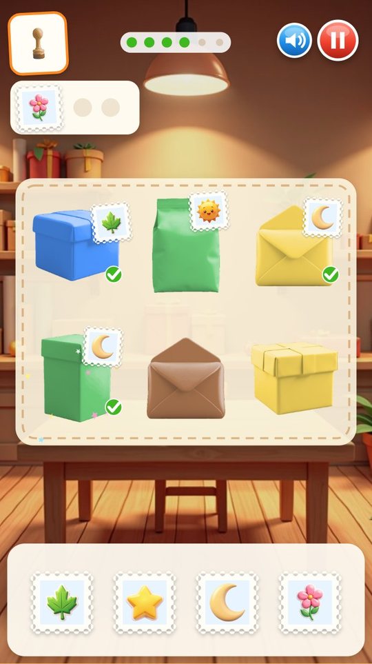 Stamp table with six letters and parcels, four already stamped, and a rack of leaf, star, moon and flower stamps