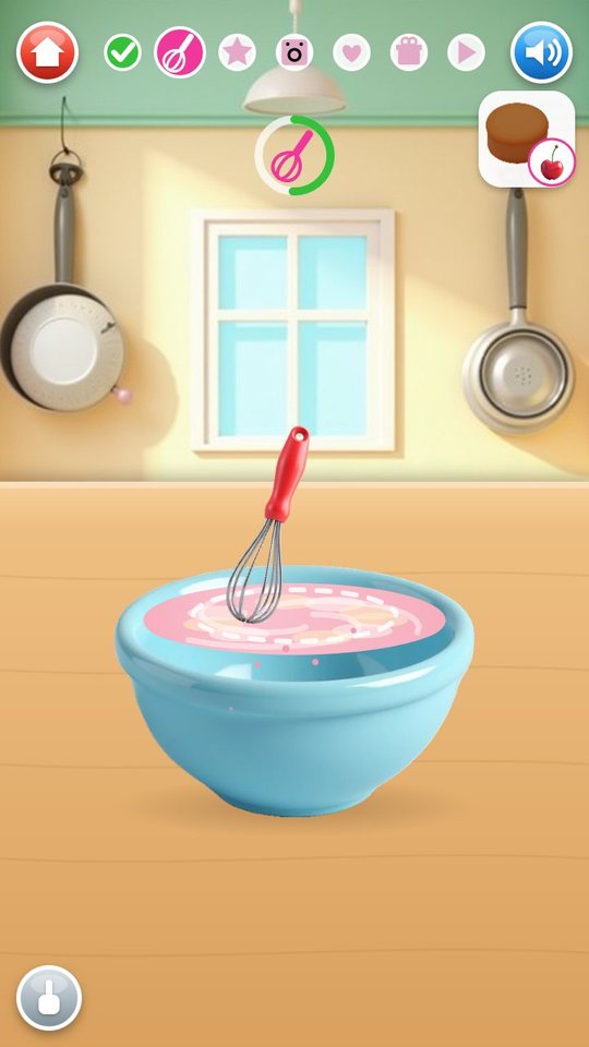 Whisk step in a sunny kitchen: a red whisk stirs pink batter in a blue bowl, with a progress ring above and the order picture in the corner