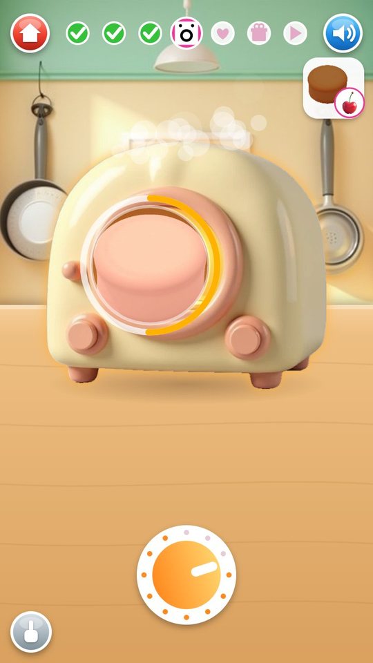 Bake step: a pink cake rises behind the round window of a cream-coloured oven, with the timer dial below
