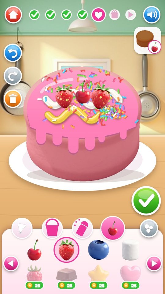 Decorate step: a pink glazed cake with white and yellow icing lines, rainbow sprinkles, two strawberries and a cherry, and the toppings tray below