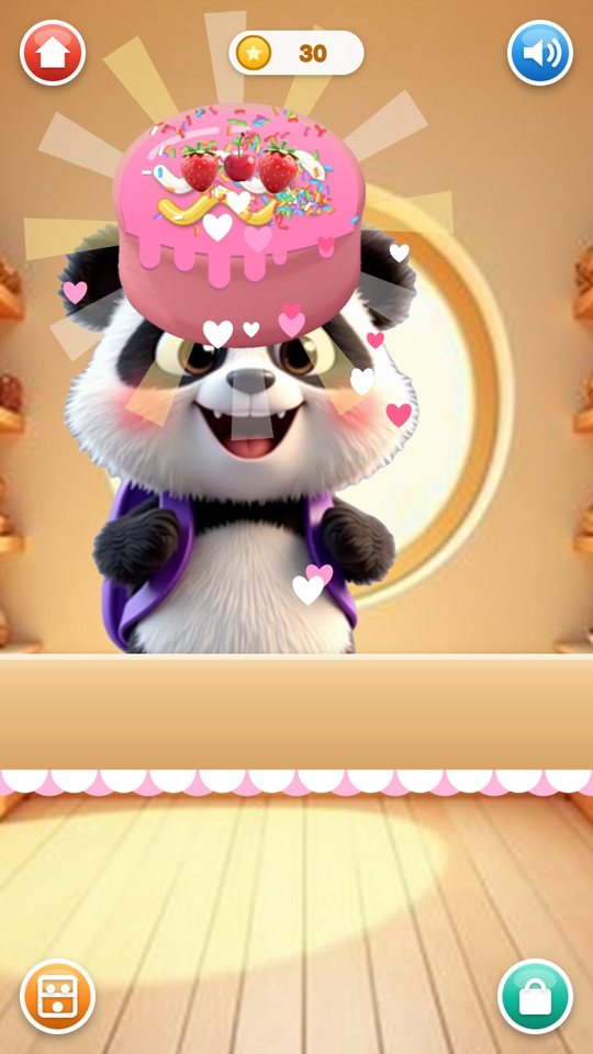 A happy panda holds up the pink cake the child decorated, with hearts floating around