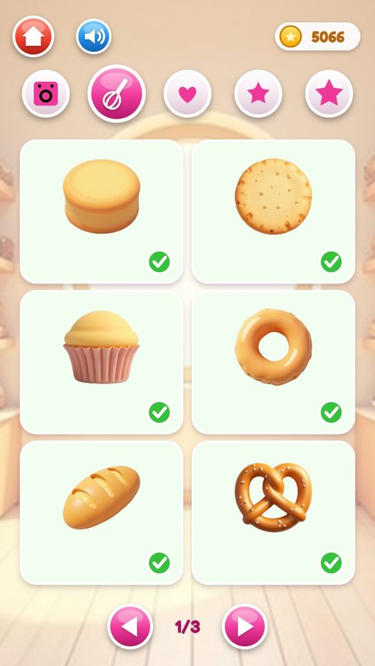 Shop screen, baking tab: cake, cookie, cupcake, donut, bread and pretzel, all owned