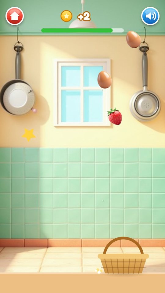 Egg Catch mini game: eggs, a strawberry and a star fall towards a wicker basket in the kitchen