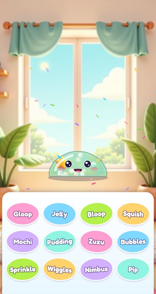 A newborn green slime with a face in front of a window, with twelve name stickers to choose from