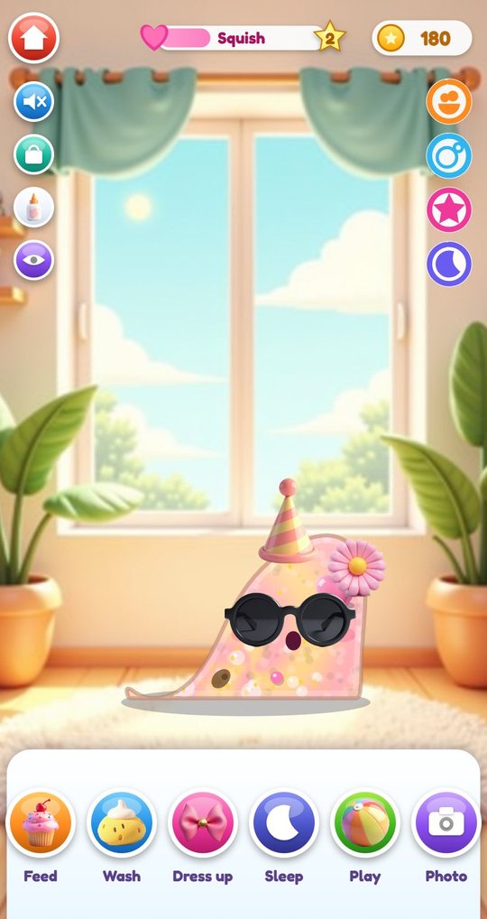 Home room with a pink slime in a party hat and sunglasses being pulled up into a point, care buttons along the bottom