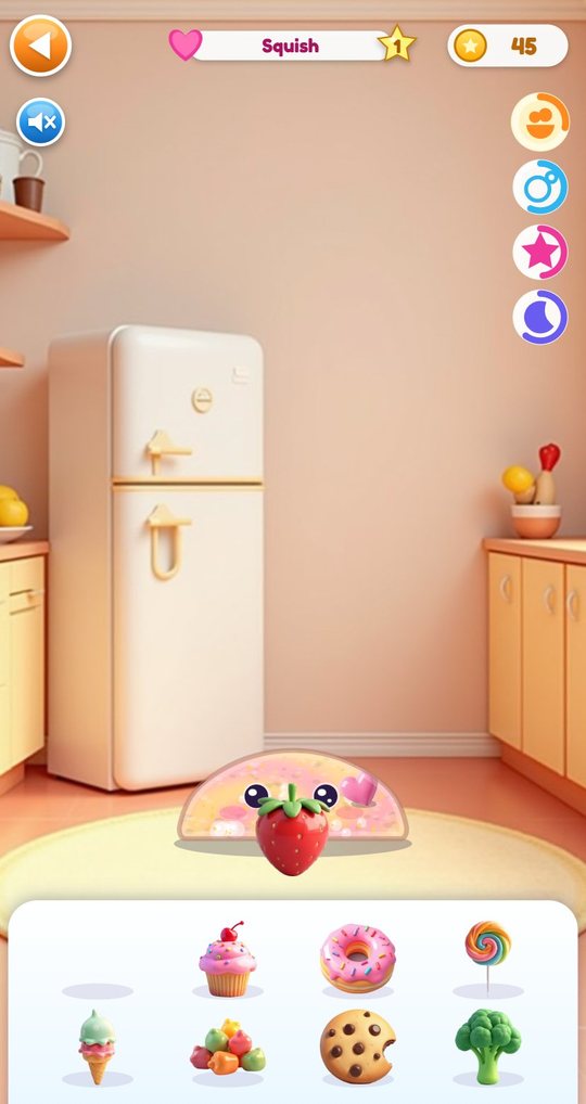 Kitchen with the slime about to eat a strawberry and a tray of seven more foods