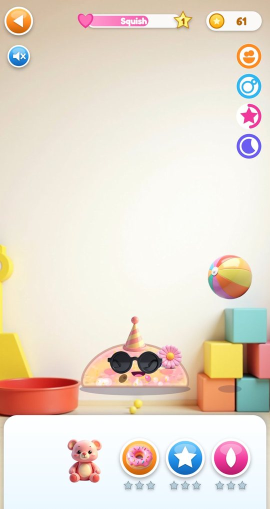 Playroom with a beach ball in the air, a teddy on the tray and three mini game buttons with empty stars