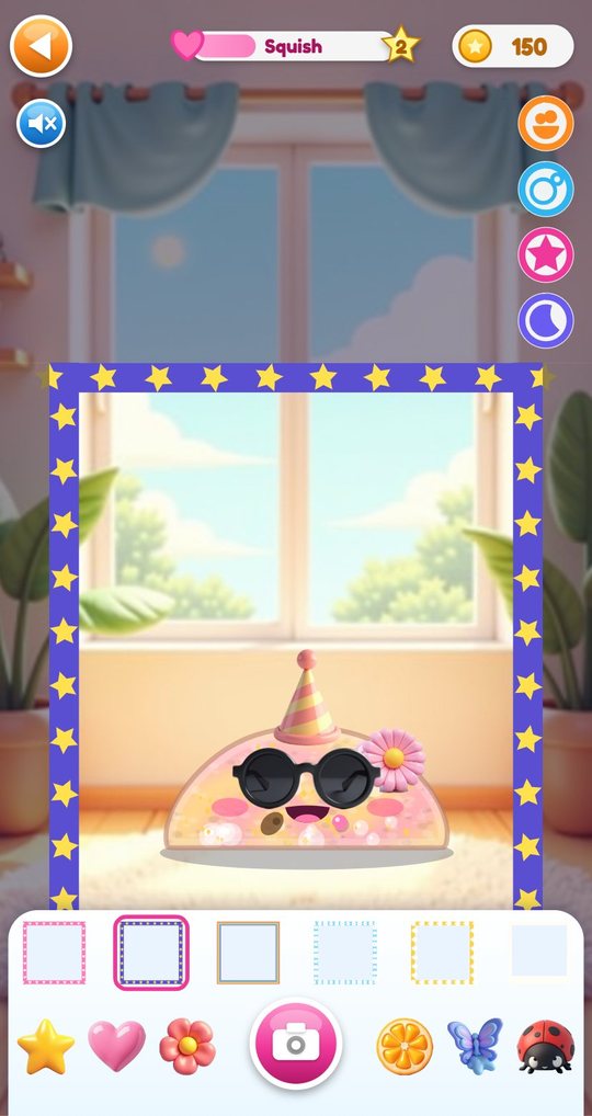 Photo booth with the slime inside a blue frame with yellow stars, six frames and six stickers below