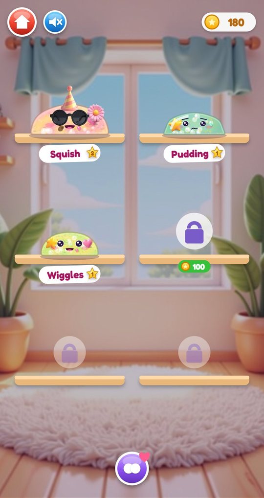 Shelf with three named slimes, Squish, Pudding and Wiggles, three locked places and the merge button