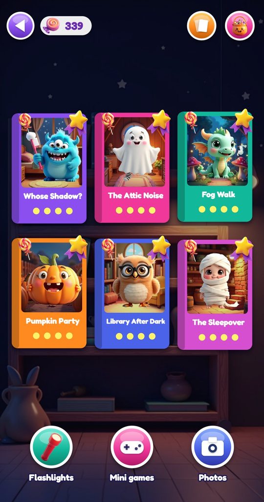 The bookshelf with six finished tales, each cover showing its mystery monster, a star medal and a lollipop, above the Flashlights, Mini games and Photos buttons