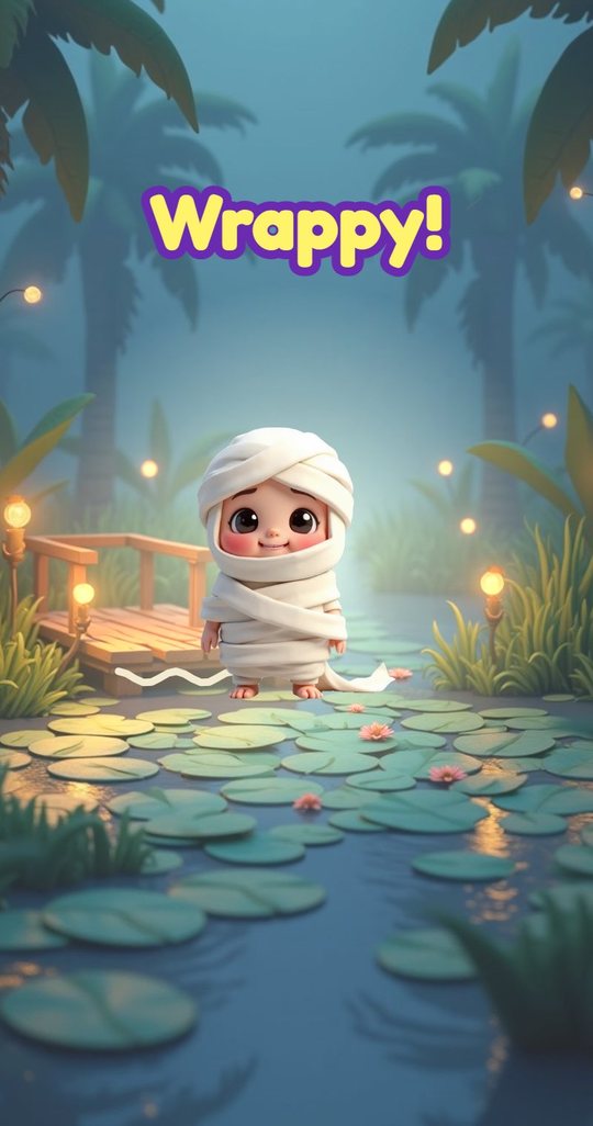 The big reveal of The Sleepover: Wrappy the little mummy stands in a lit swamp scene under the name Wrappy
