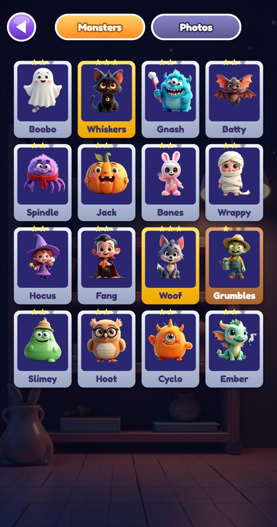 The Monsters album with all 16 cards: Boobo, Whiskers, Gnash, Batty, Spindle, Jack, Bones, Wrappy, Hocus, Fang, Woof, Grumbles, Slimey, Hoot, Cyclo and Ember