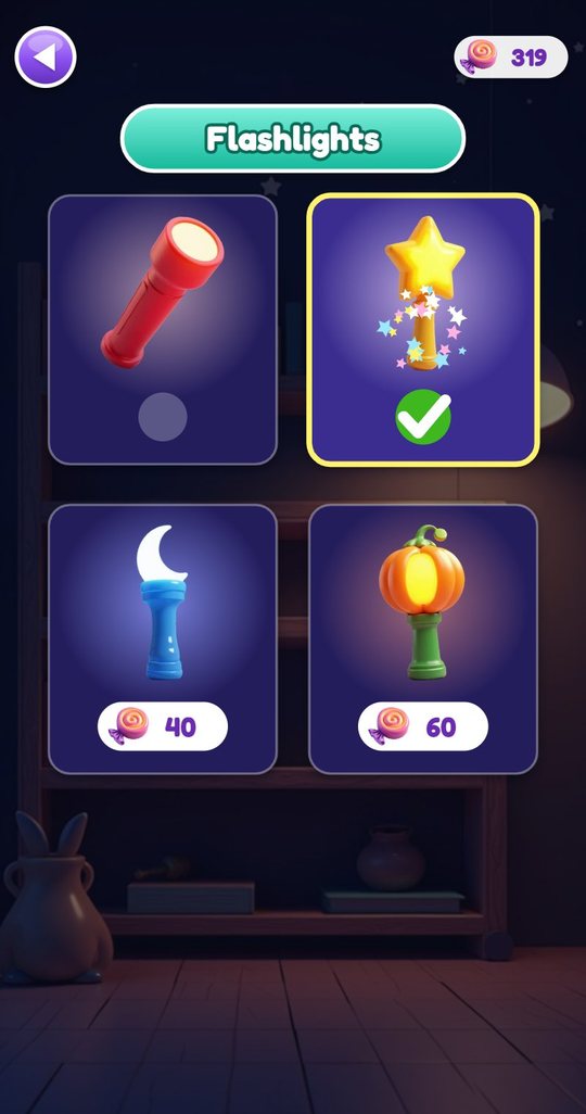 The Flashlights shelf with the classic flashlight, the selected star wand, the moon light for 40 candies and the pumpkin lantern for 60