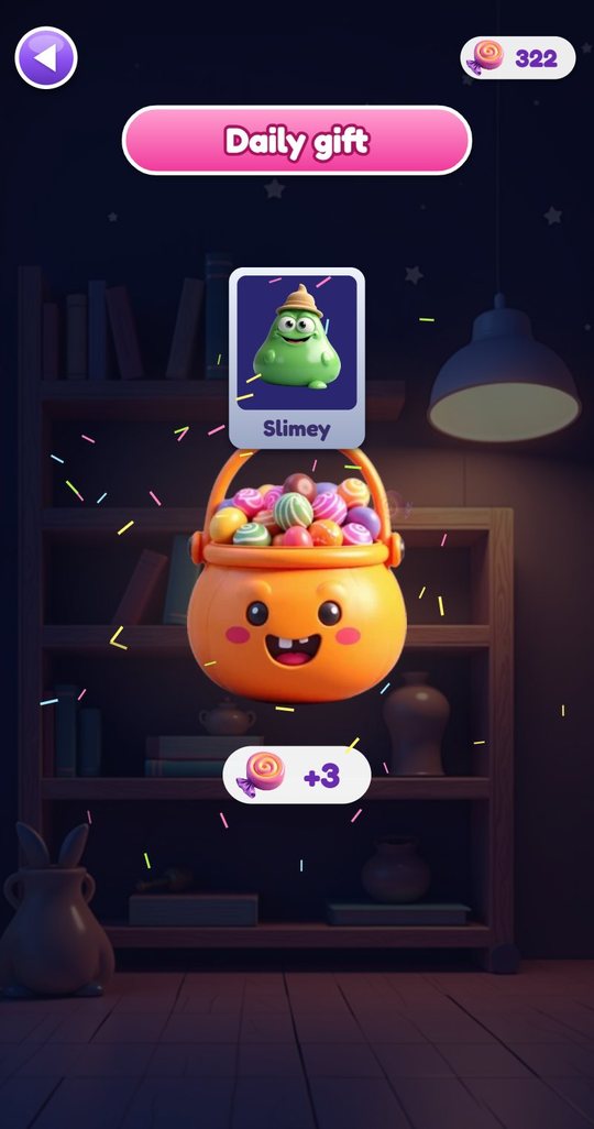 The Daily gift screen: a smiling pumpkin bucket full of candies, a Slimey card above it and a plus three candies label