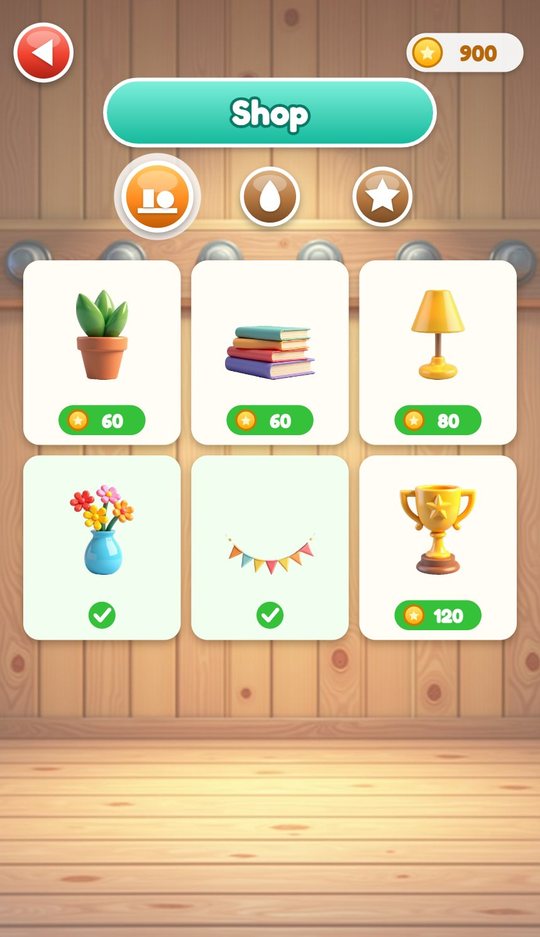 The shop tab with six shelf decorations priced in coins