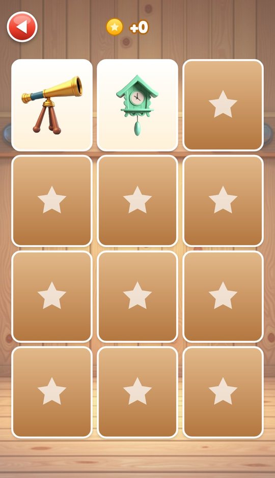 Shiny Pairs with two cards turned over, a telescope and a cuckoo clock