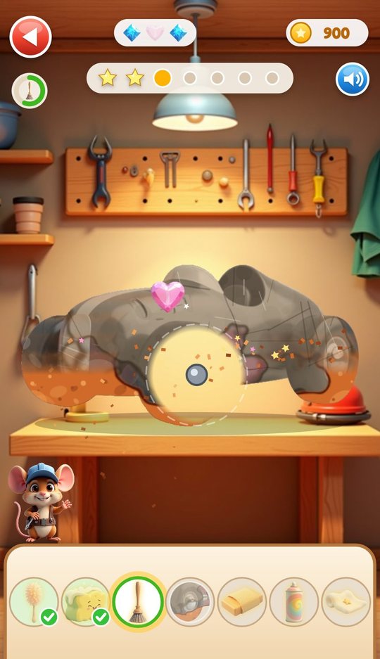 The wire brush stage: rust flakes fly off the lower half of the car and a pink heart gem is uncovered