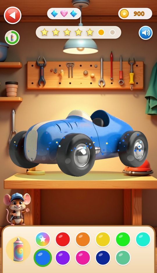 The paint stage with the colour palette in the tray and the car being sprayed blue