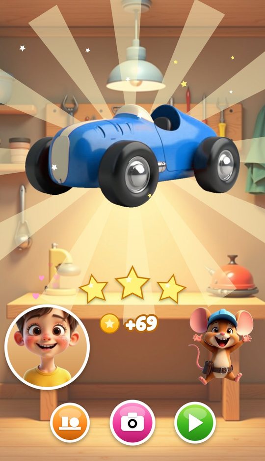 The finished blue car in a burst of light with three stars, 69 coins, the room owner and the cheering mouse