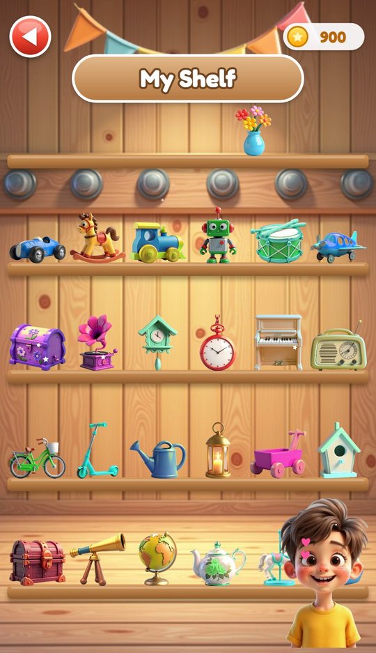 My Shelf with all 24 restored toys on four boards, a vase and bunting on top and a visiting owner