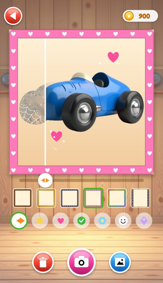 Photo booth with a before and after slider on the car, a pink hearts frame, two heart stamps and the rows of frames and stamps